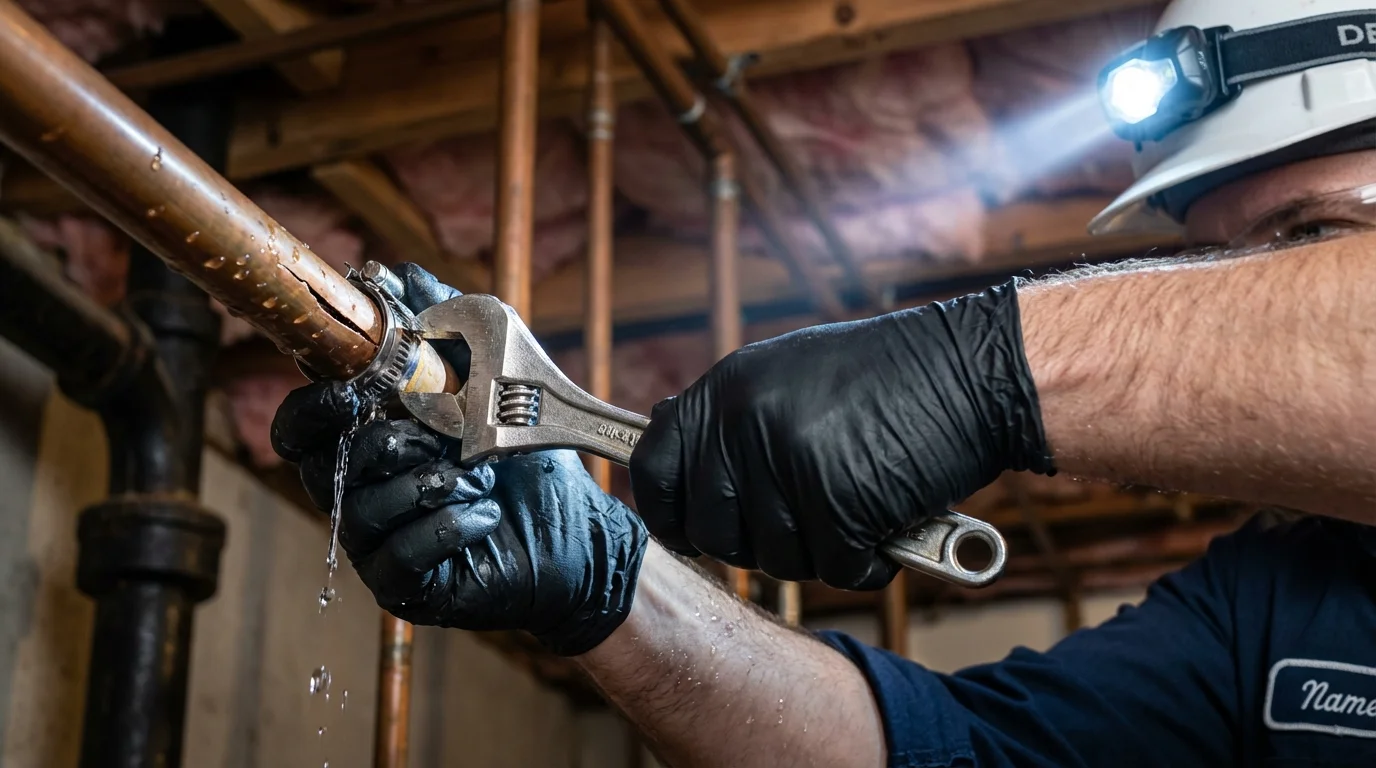 Emergency pipe clamp repair being performed by a Johns Plumbing LLC plumber in Wauchula