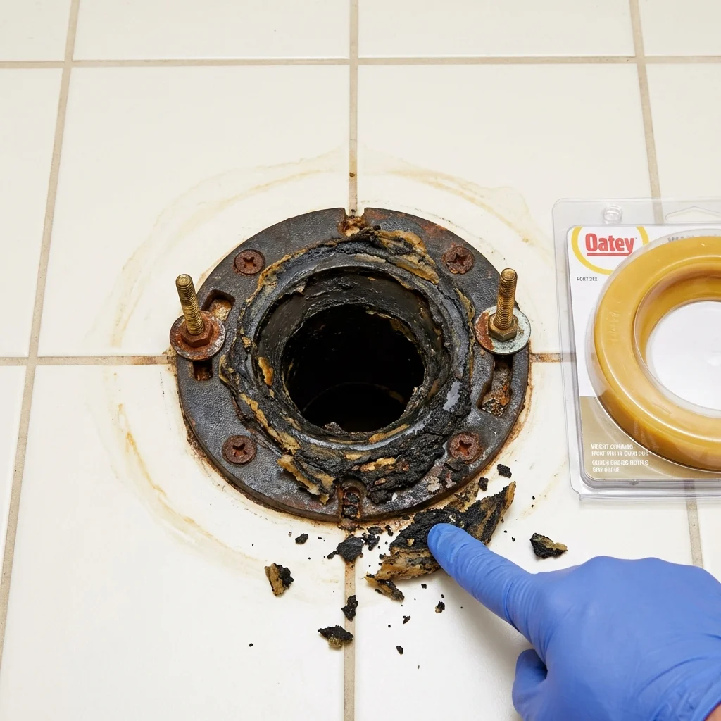 Failed wax ring showing water seepage at the base of a toilet in a Wauchula, FL home