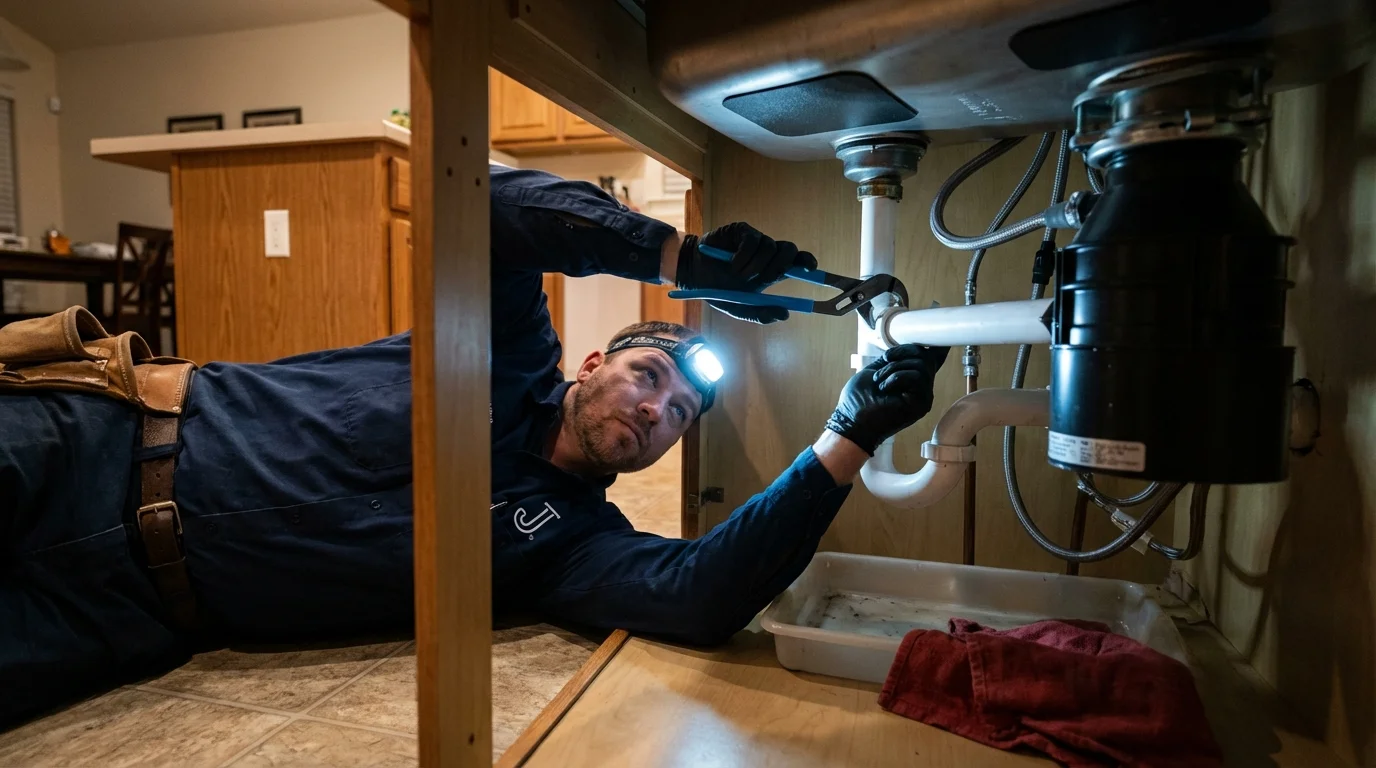 P-trap and supply line connections under a kitchen sink showing a common leak point in Wauchula, FL